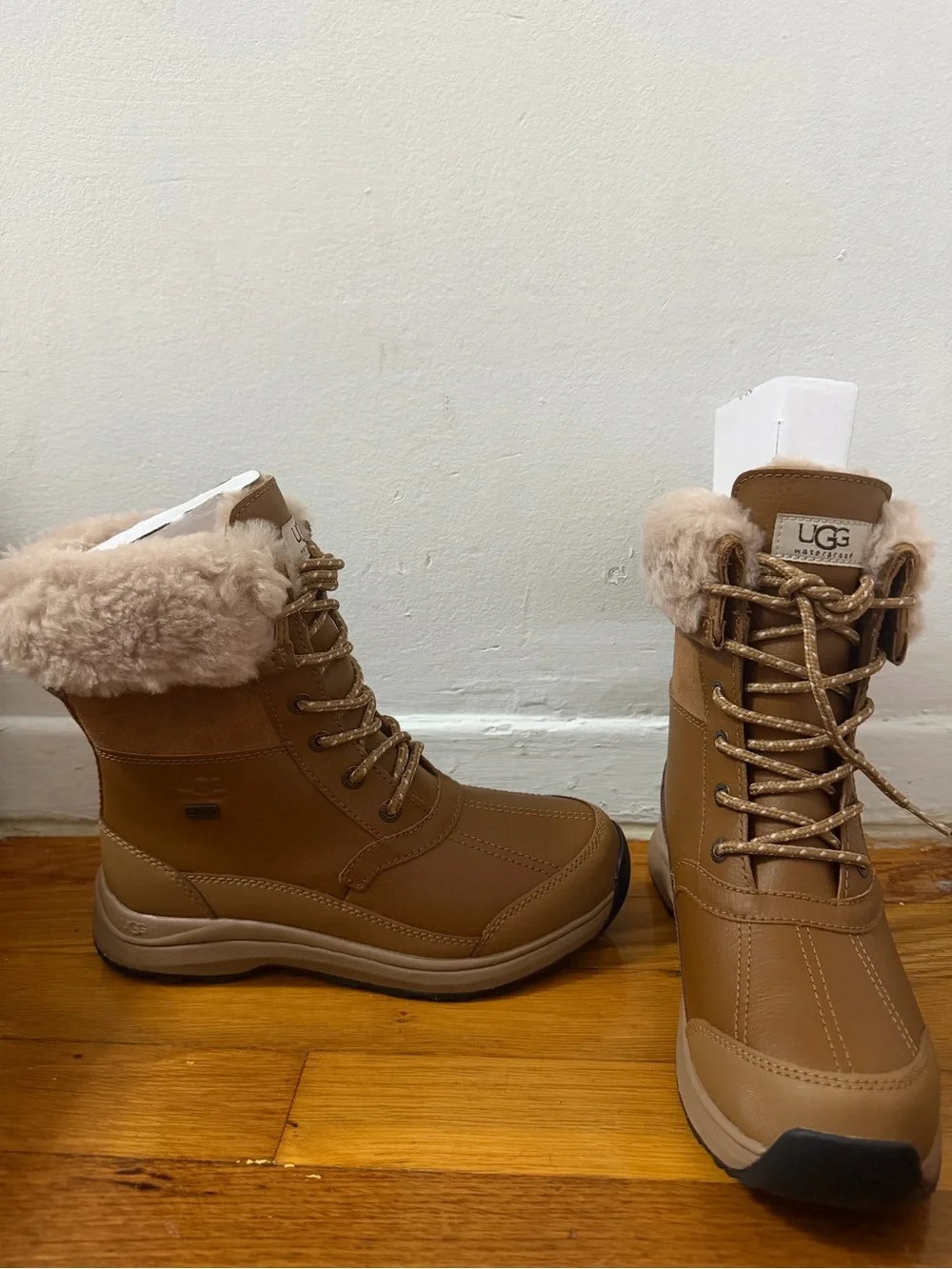 UGG Women's Tan Waterproof Fur-Collar Lace-Up Winter Boots